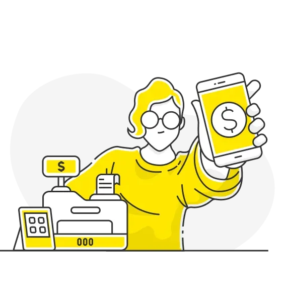 Ilustración de una chica en un mostrador con un teléfono y una bebida caliente en sus manos y una máquina registradora en el mostrador