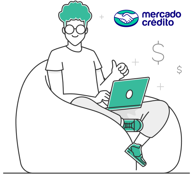 Un chico sentado en el sofá con un computador y símbolos de dinero alrededor de él.