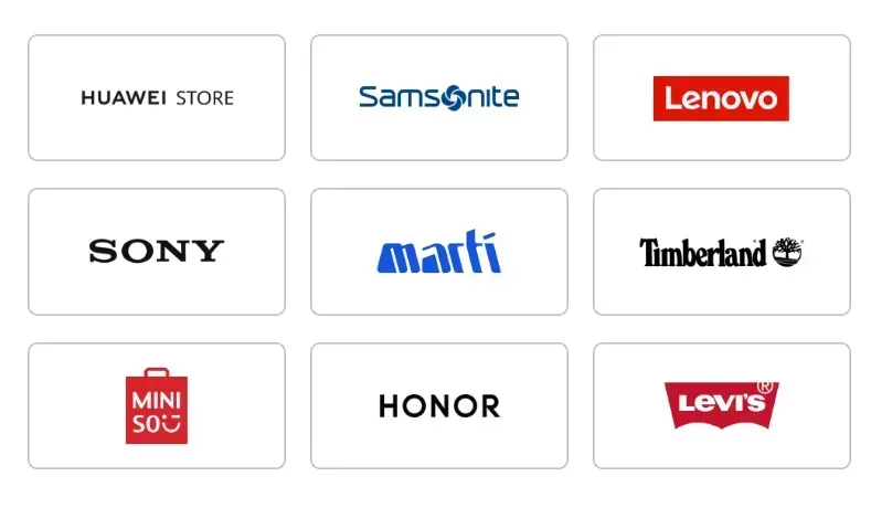 Ícono de las marcas: Huawei Store, Samsonite, Lenovo, Sony, Marti, Timberland, MiniSo, Honor, Levi`s.