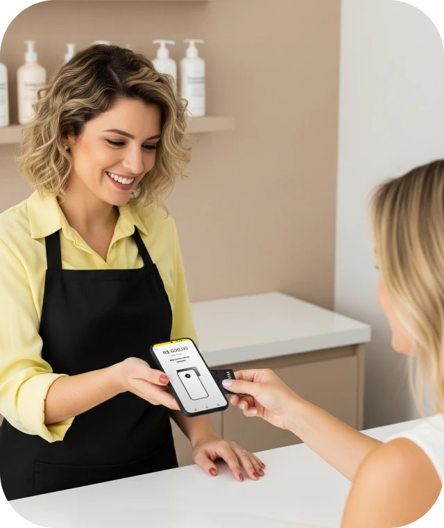 Pintor recebendo pagamento por aproximação no celular via Tap do Mercado Pago.