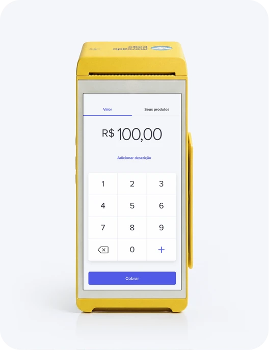 Maquininha de cartão Point Smart 2 do Mercado Pago com tela touch, chip 4G, WiFi e impressão de comprovante.