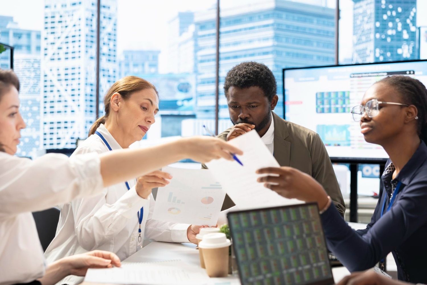 Equipe analisando documentos sobre a diferença entre MEI e ME.