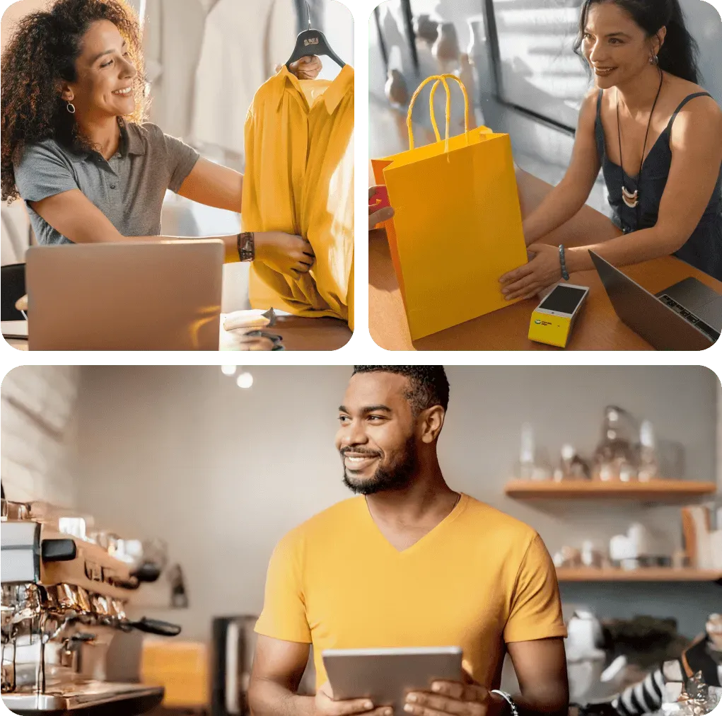 Três vendedores trabalhando em suas lojas com computadores, tablets e maquininhas Point.
