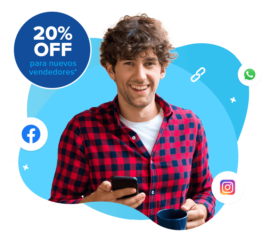 Hombre con remera y camisa a cuadros sonriendo mientras sostiene su celular. Los íconos de WhatsApp, Facebook, Instagram y Messenger flotan alrededor de él.