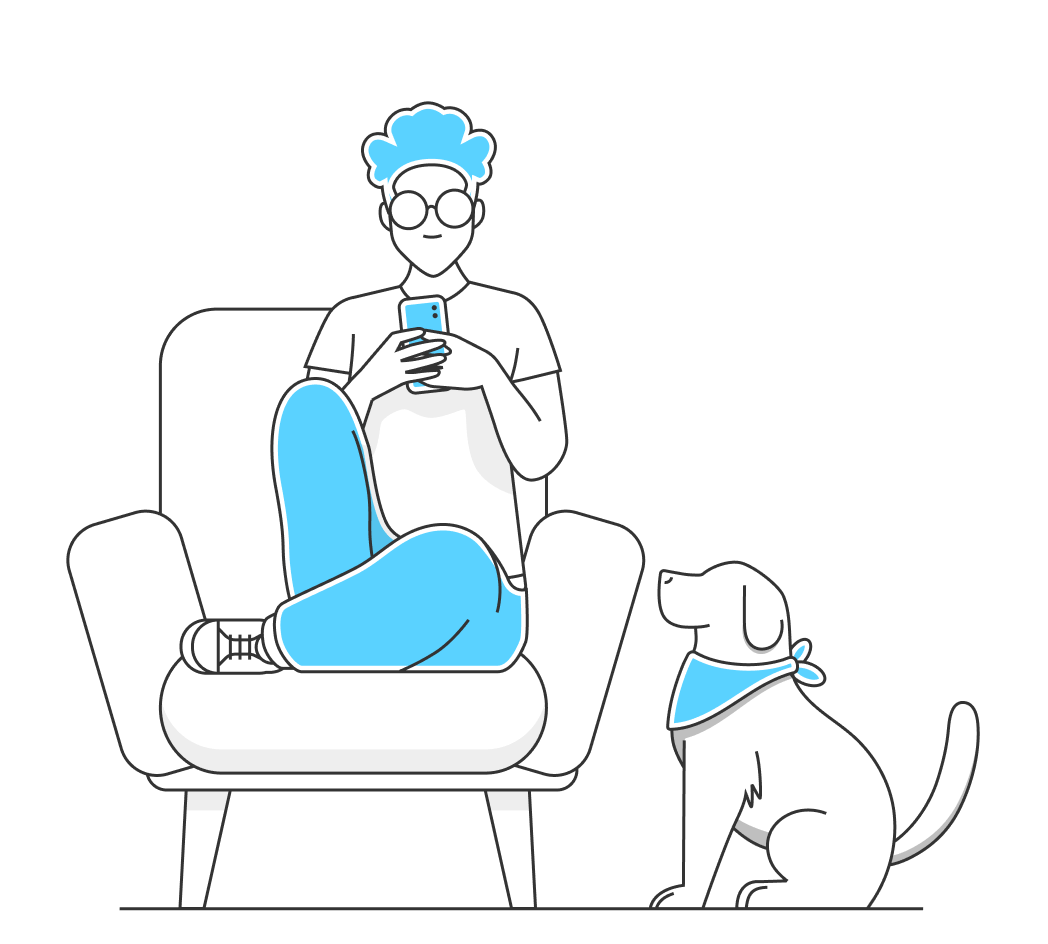 Hombre apoyado en un escudo gigante con el celular en la mano y un perro 