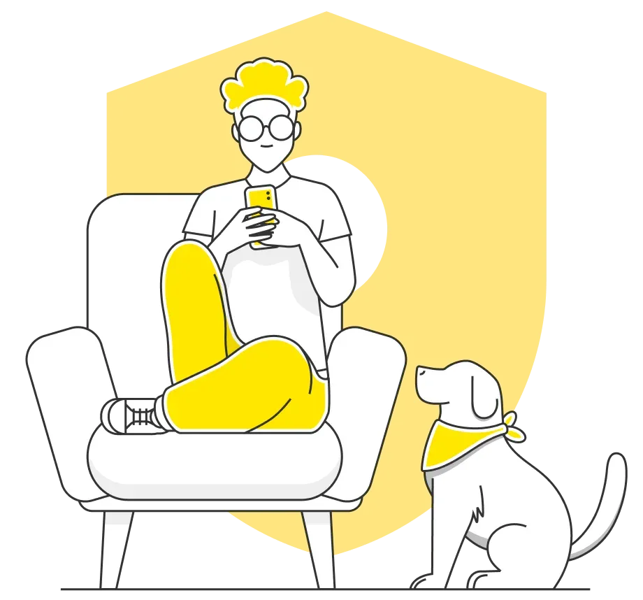 Hombre apoyado en un escudo gigante con el celular en la mano y un perro 