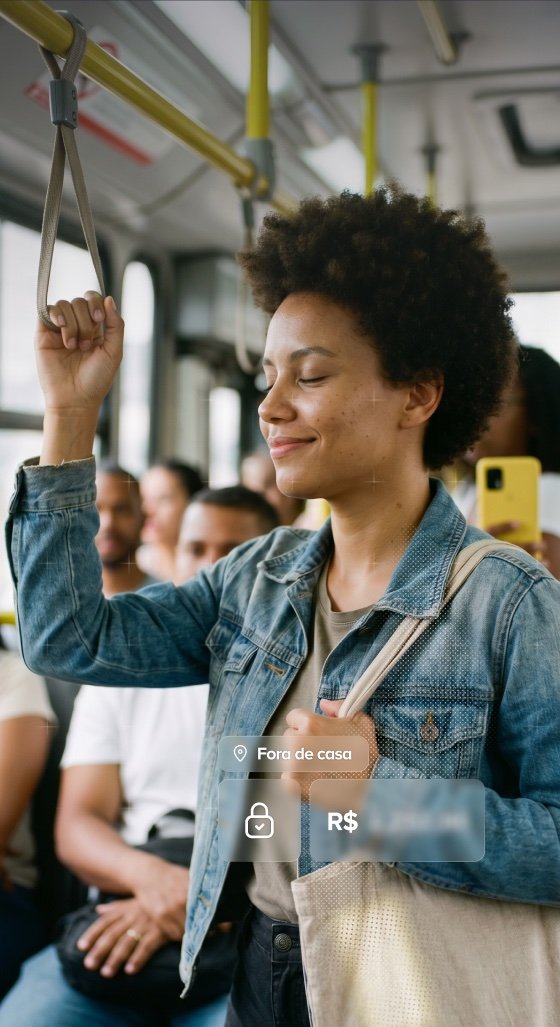Mulher no ônibus com Modo Blindado ativado