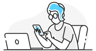 Ilustración de una persona usando el celular frente a la computadora, representando la atención preferencial.