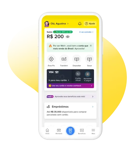 Um celular com o aplicativo do Mercado Pago na tela inicial, onde estão as opções de “Transferir dinheiro” e “Sacar dinheiro”, entre outras.