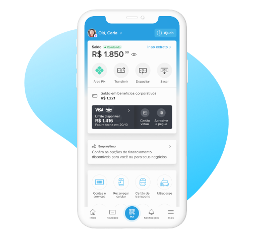 Um celular com o aplicativo do Mercado Pago na tela inicial, onde estão as opções de “Transferir dinheiro” e “Sacar dinheiro”, entre outras.