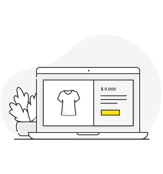 Ilustración de una vendedora apoyada a un notebook de su tamaño. En la pantalla está activo el checkout de su sitio web.
