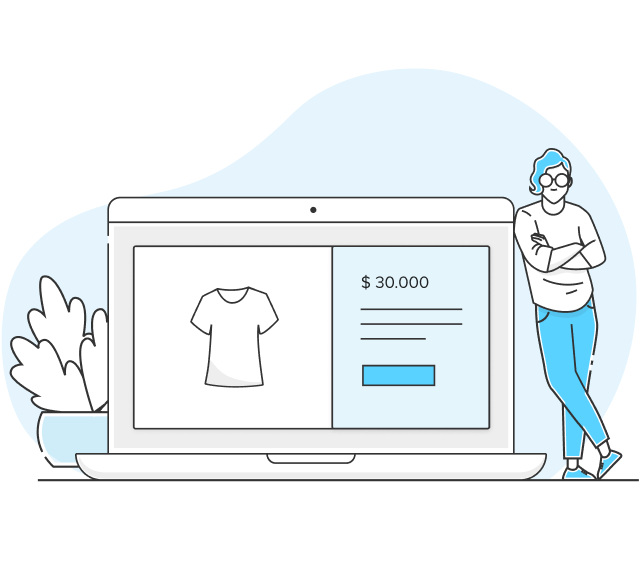 Ilustración de una vendedora apoyada a un notebook de su tamaño. En la pantalla está activo el checkout de su sitio web.
