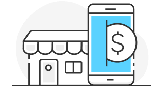 Ilustración de local y un celular con un ícono de dinero, representando las herramientas para crecer.