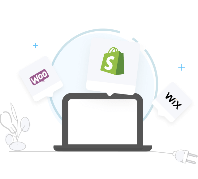 Ilustración de una computadora con los logotipos de WooCommerce, Shopify y otras plataformas de e-commerce.