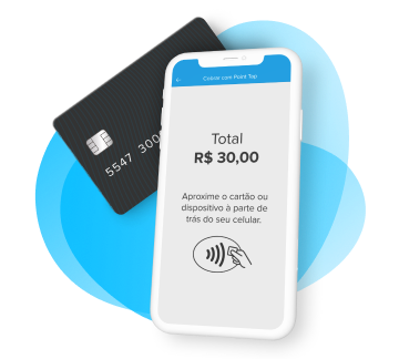 Um celular com o aplicativo do cobro Point Tap do Mercado Pago e um cartão fazendo o pagamento por aproximação no celular. 