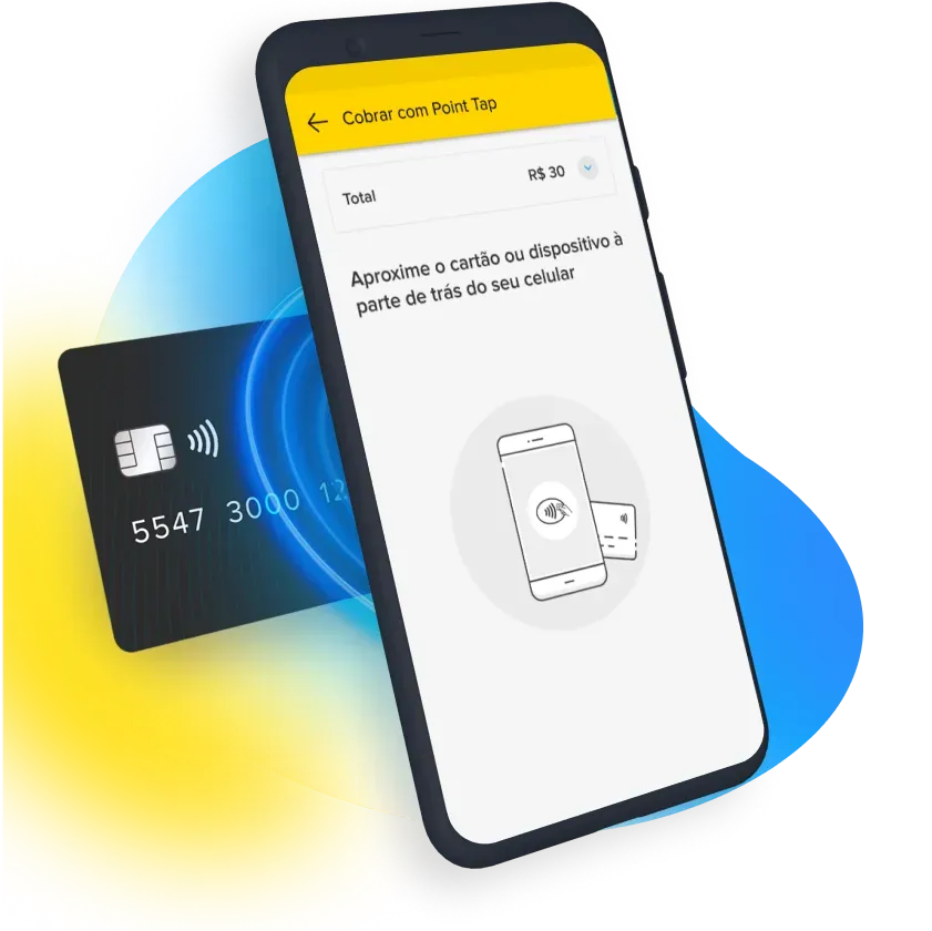Um celular com o aplicativo do cobro Point Tap do Mercado Pago e um cartão fazendo o pagamento por aproximação no celular.