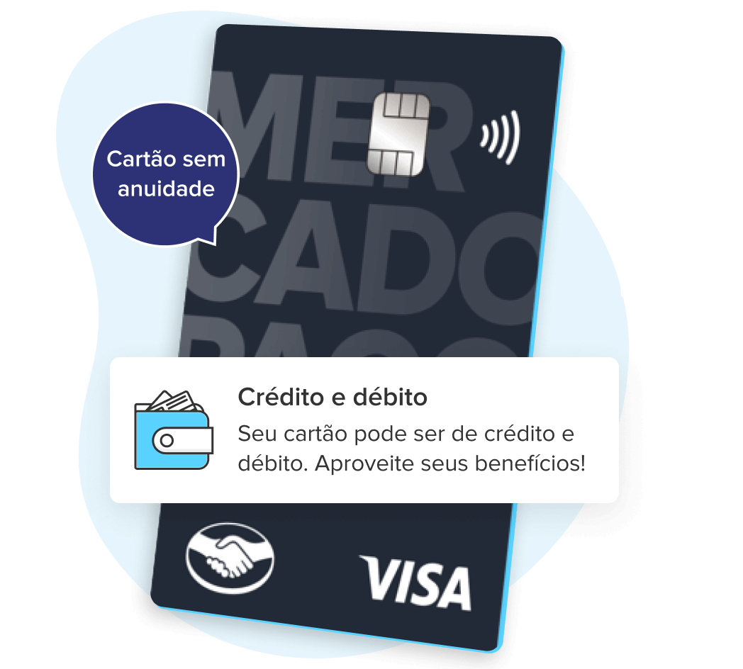 Cartão de débito y crédito de Mercado Pago com círculo e texto “Cartão sem anuidade”.