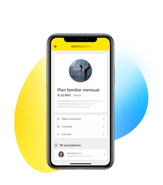 Pantalla de la app de Mercado Pago con el plan de suscripción ”Plan familiar mensual” recién creado. Se puede editar, compartir o cancelar. Tiene 16 suscriptores.