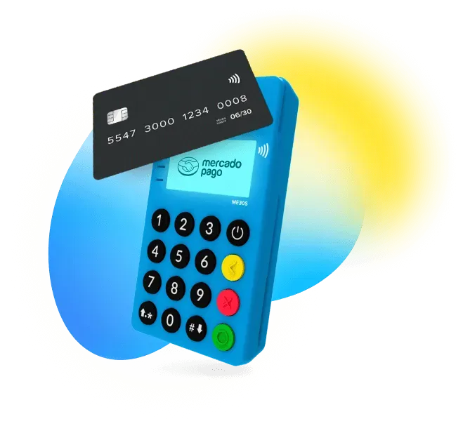 La terminal Point Blue de Mercado Pago, un celular y la tarjeta de débito de Mercado Pago.