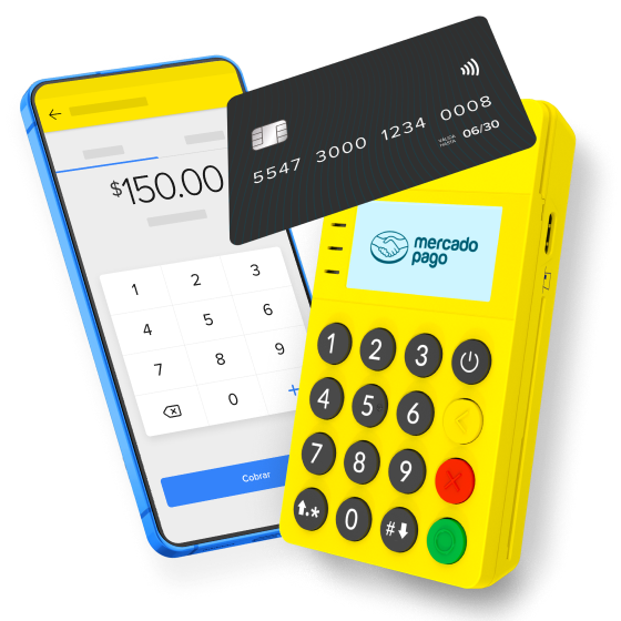La terminal Point Blue de Mercado Pago, un celular y la tarjeta de débito de Mercado Pago.