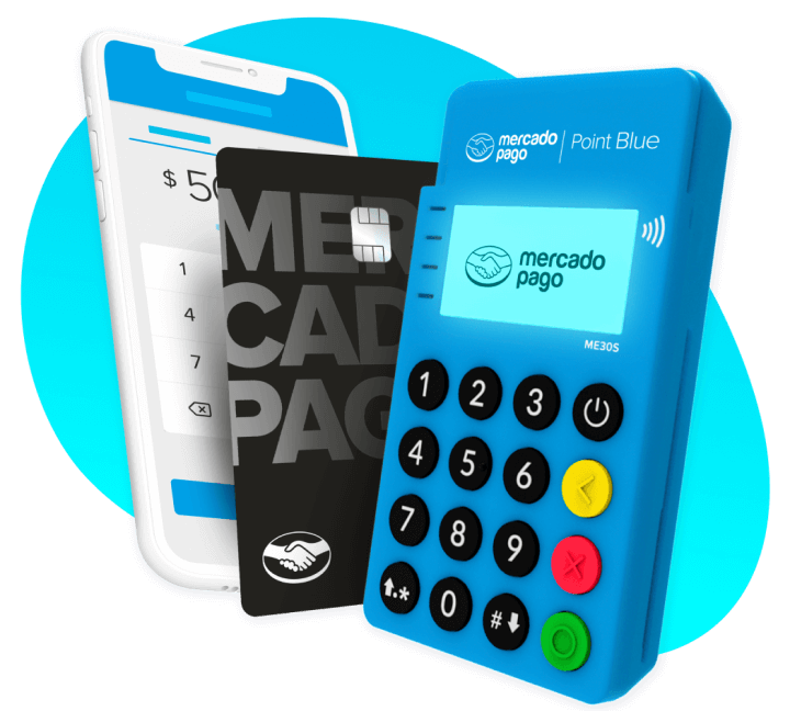 Terminal Mercado Pago Point Blue, una tarjeta negra y un celular con la app Mercado Pago en la pantalla de cobro