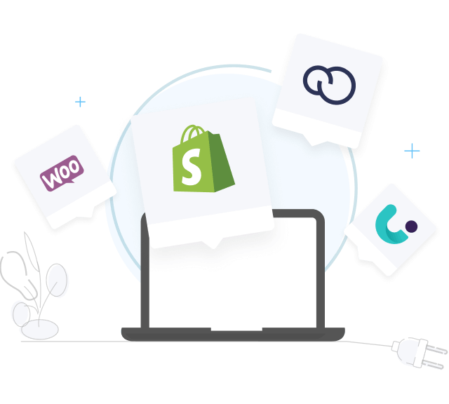 Ilustração de um notebook com os logotipos de WooCommerce, Shopify e outras plataformas de e-commerce.