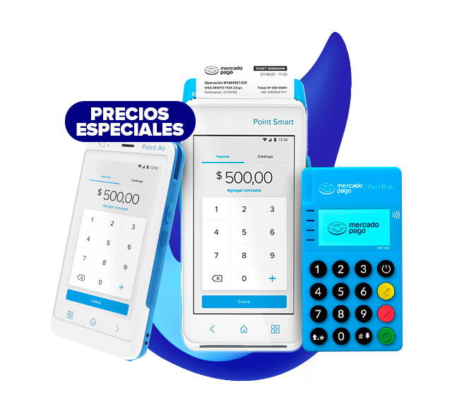 Terminal Mercado Pago Point Blue, Terminal Mercado Pago Point Smart y una tarjeta negra con ícono de pagos sin contacto