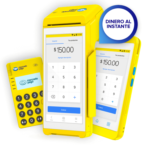 Las terminales de Mercado Pago: Point Blue, Point Air y Point Smart. Cerca de ellos, un círculo que dice Dinero al instante.