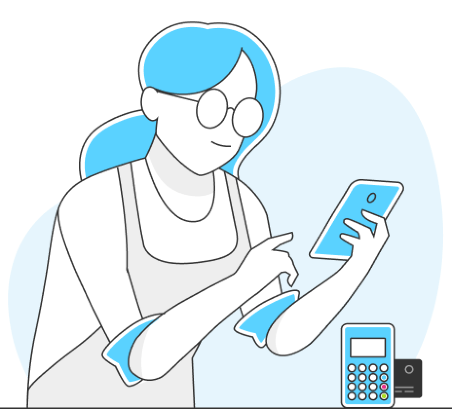 Ilustración de una mujer usando el Point Mini con su celular.