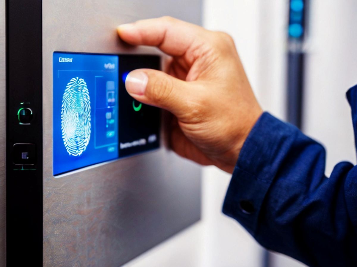 Pessoa colocando sua impressão digital em sistema de segurança