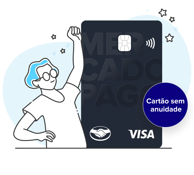 Cartão Mercado Pago, sendo apoiado por uma mulher de óculos. O cartão pode ser de crédito e débito.
