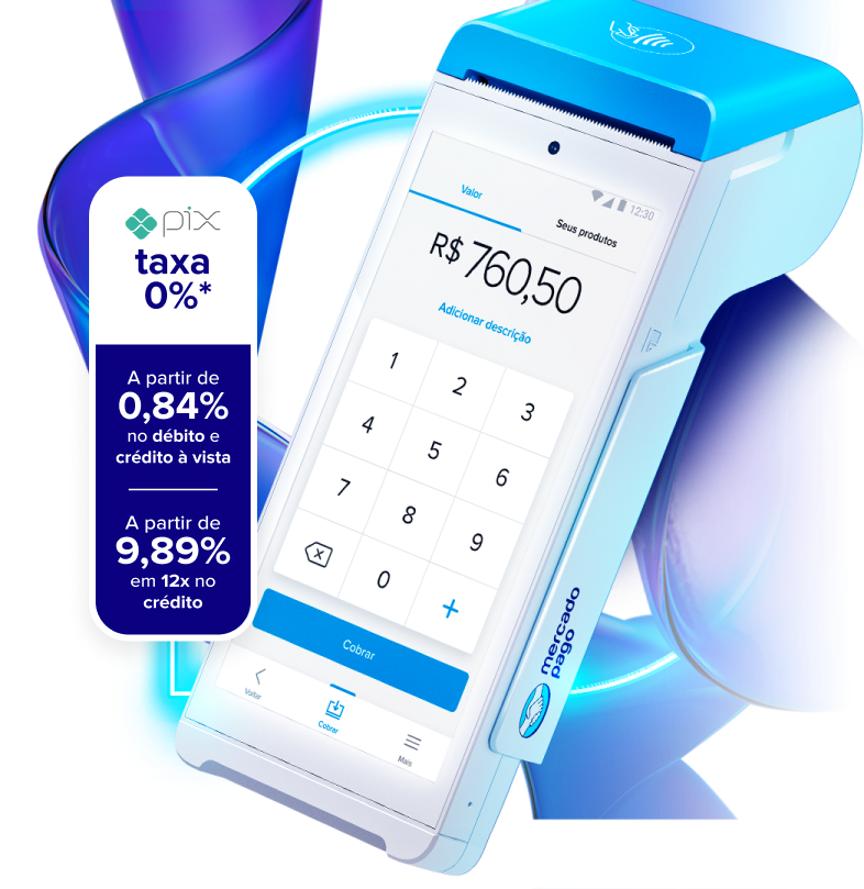 Taxas  de 0% no Pix, 0,84% no débito e crédito à vista e 9,89% em 12 vezes no cartão. Maquininha Point Smart 2 com a tela de pagamento e o comprovante sendo impresso.