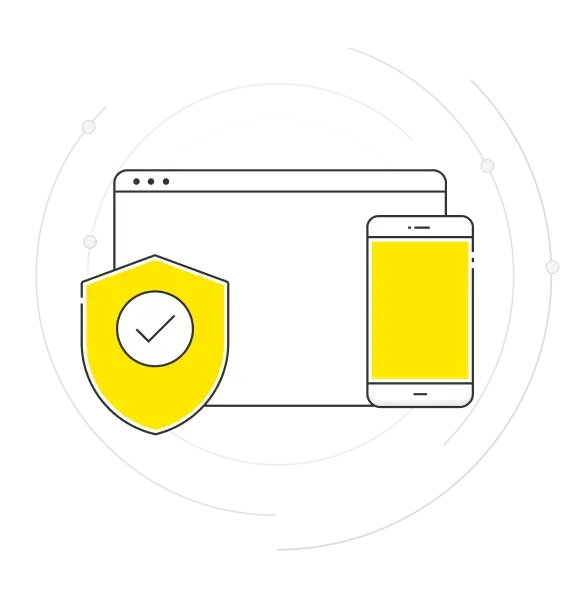 Ilustración de una chica con los brazos cruzados, recostada tranquilamente contra un celular de su tamaño. En la pantalla está el ícono de un escudo.