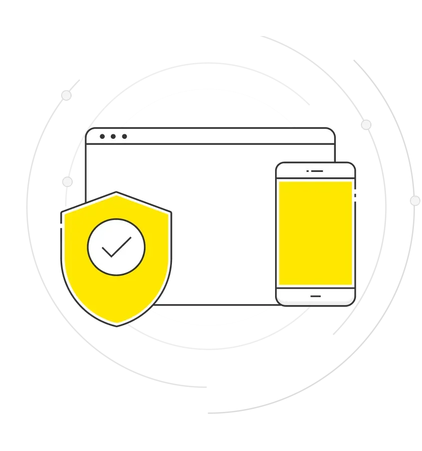 Pessoa com os braços cruzados, encostada tranquilamente em um celular do seu tamanho com escudo na tela.
