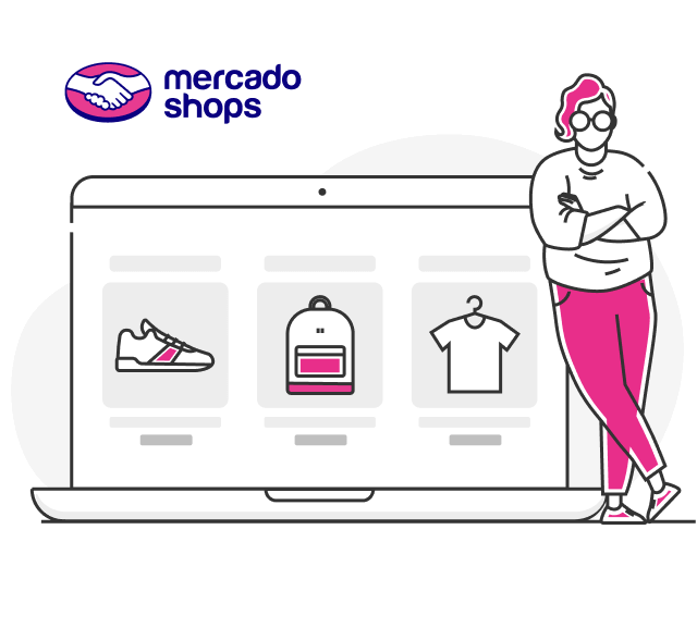 Ilustración de una persona apoyada en una computadora pórtatil de gran tamaño que muestra un tenis, una mochila y una camiseta
