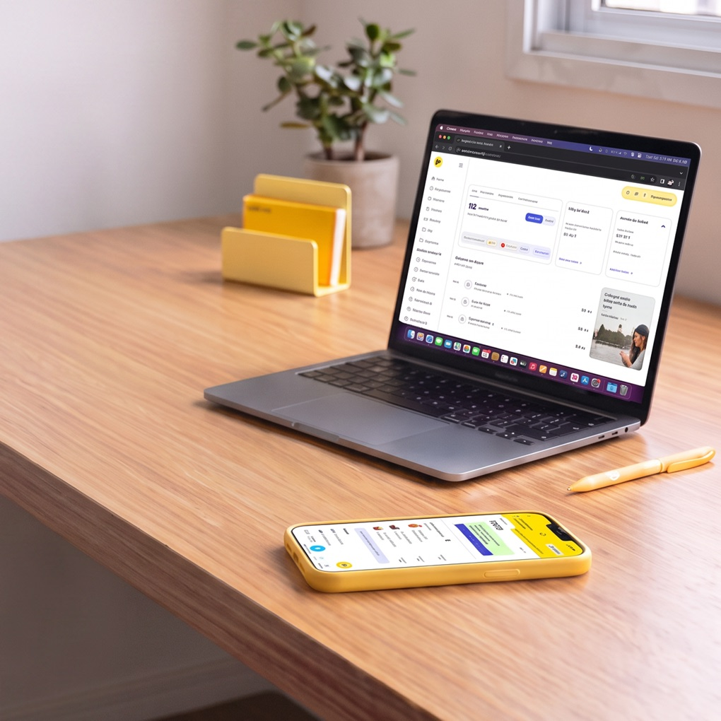 Celular com app Mercado Pago ao lado de laptop mostrando gráficos