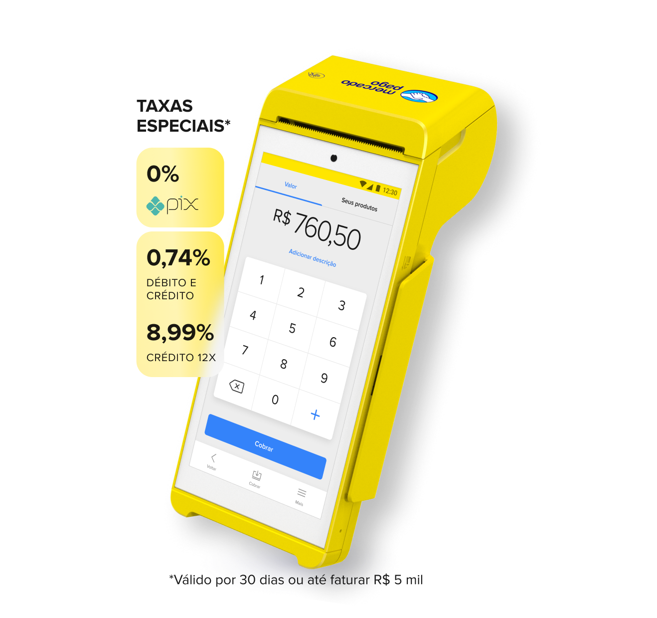 Taxas de 1,11% no débito, 3,01% no crédito à vista e 13,09% em 12 vezes no cartão. Maquininha Point Smart 2 com a tela de pagamento.