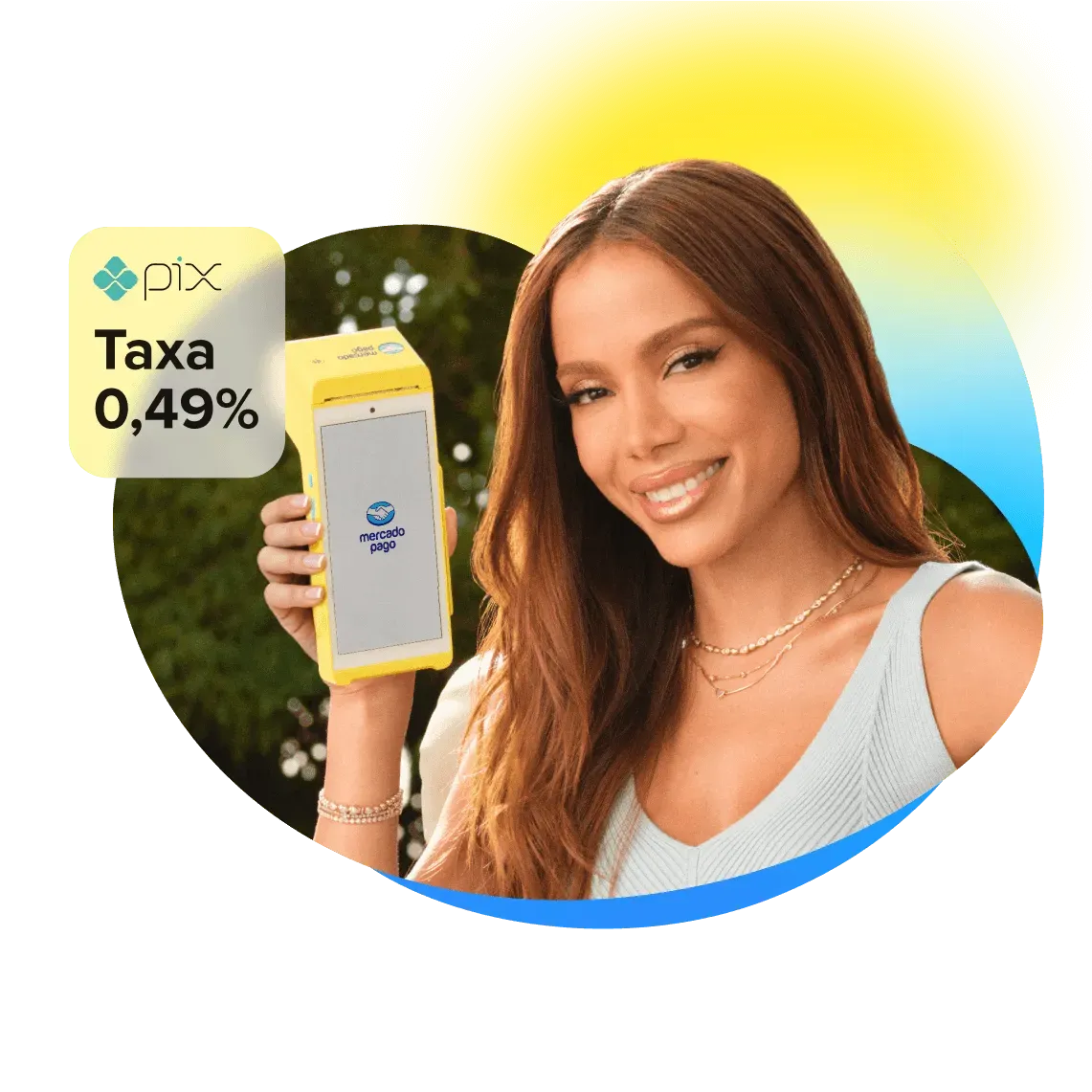 Taxas  de 0% no Pix, 0,84% no débito e crédito à vista e 9,89% em 12 vezes no cartão. Maquininha Point Smart 2 com a tela de pagamento e o comprovante sendo impresso.