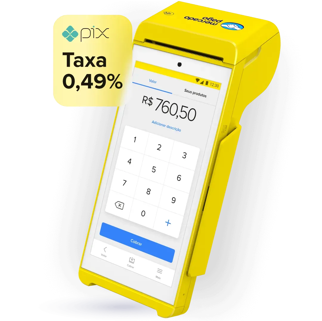 Taxas  de 0% no Pix, 0,84% no débito e crédito à vista e 9,89% em 12 vezes no cartão. Maquininha Point Smart 2 com a tela de pagamento e o comprovante sendo impresso.