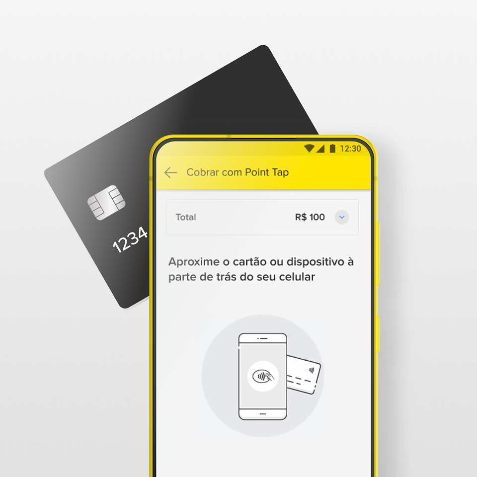 Celular com um cartão encostado na parte superior trazeira, realizando um pagamento por aproximação.