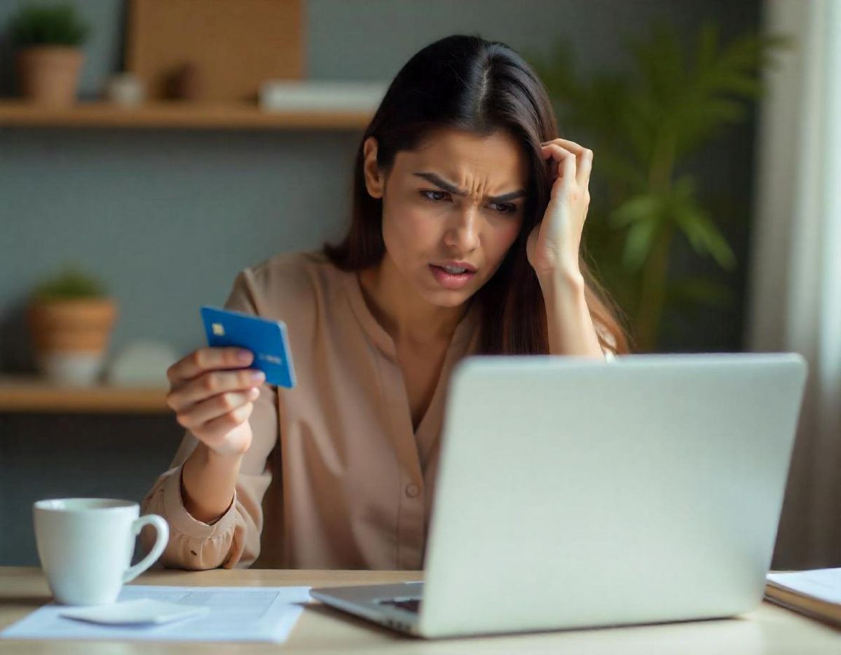 Mulher confusa porque sua transação no cartão de crédito foi negada