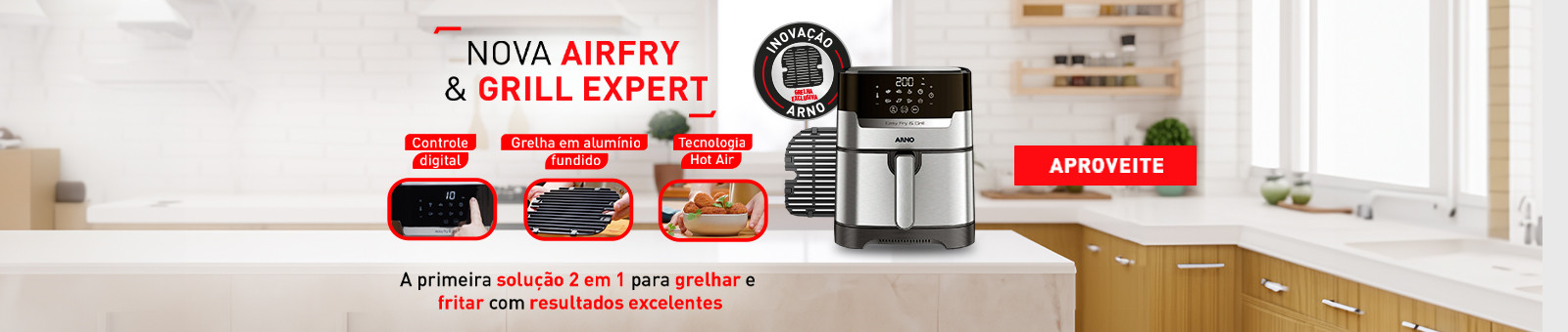 Nova Airfry & Grill Expert. A primeira solução 2 em 1 para grelhar e fritar com resultados excelentes. Aproveite.