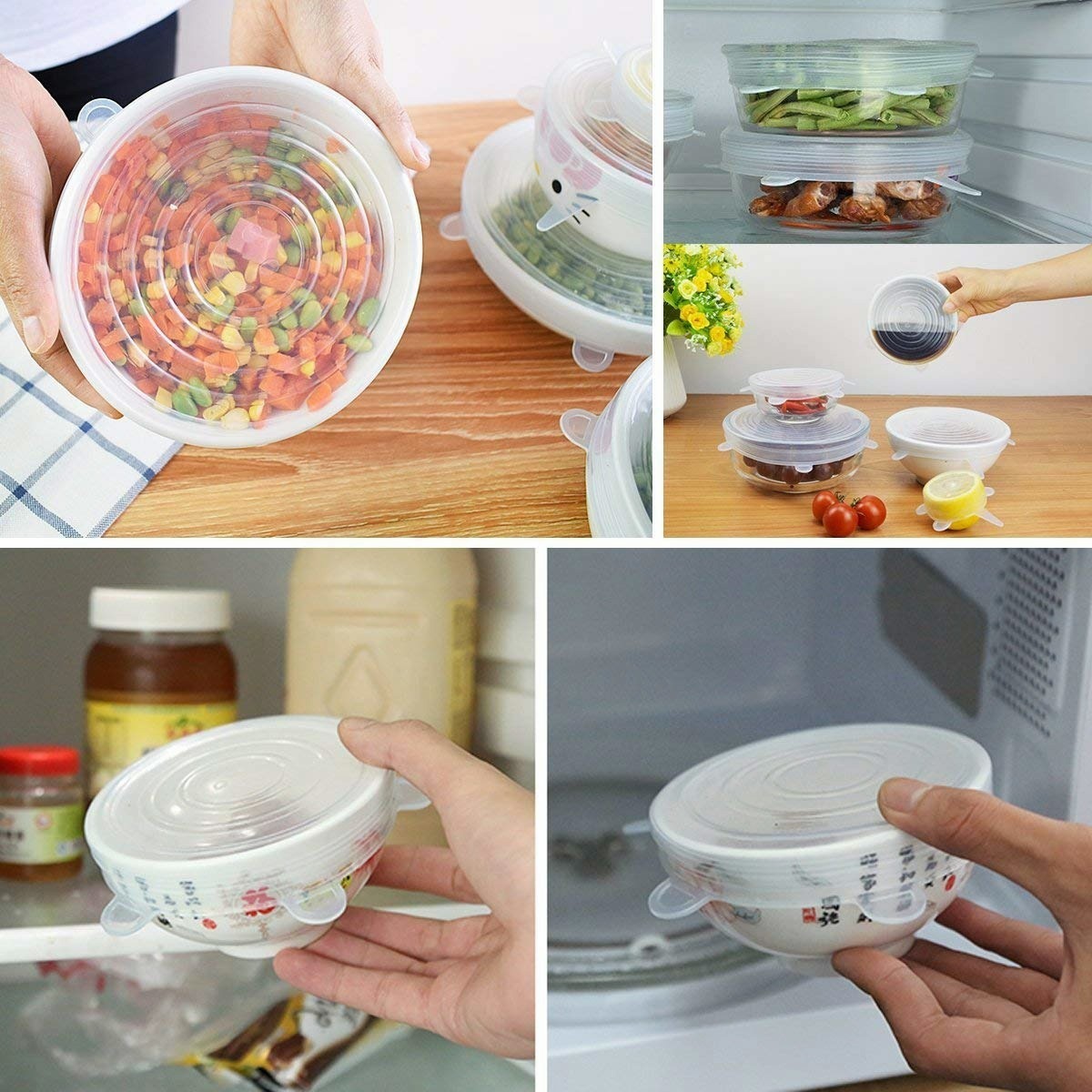 12 tapas herm/éticas ajustables de silicona /útiles como protector de alimentos Tapas de silicona el/ásticas y reutilizables para cocina Sin BPA. Tapas flexibles de varios tama/ños para recipientes