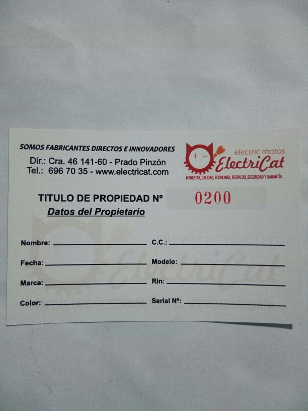 Tarjeta Propieda Bicicleta Electrica - $ 40.000 en Mercado 