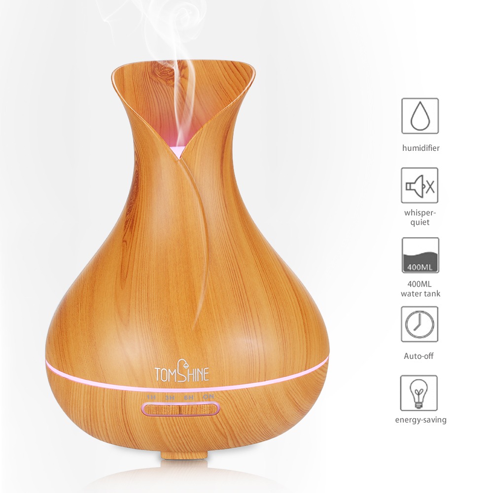 REFURBISHHOUSE 400 Ml de Humidificador de Aire El/éCtrico Ultras/óNico Difusor de Aceite de Aroma Blanco Grano de Madera 7 Colores Luces Led para el Hogar Enchufe de la UE