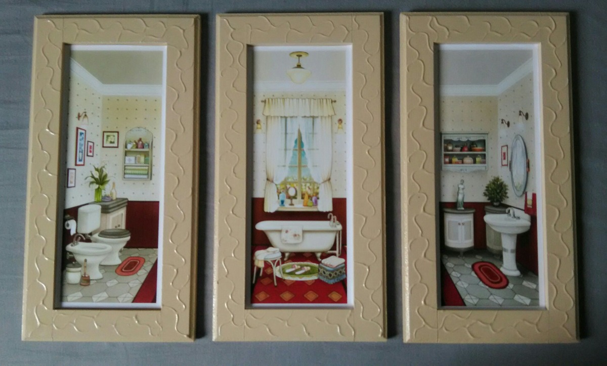 Trio De Quadrinhos Banheiro Texturizado Bege Com Decoupage