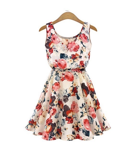 2019 floral and bird print sleeveless vintage dress