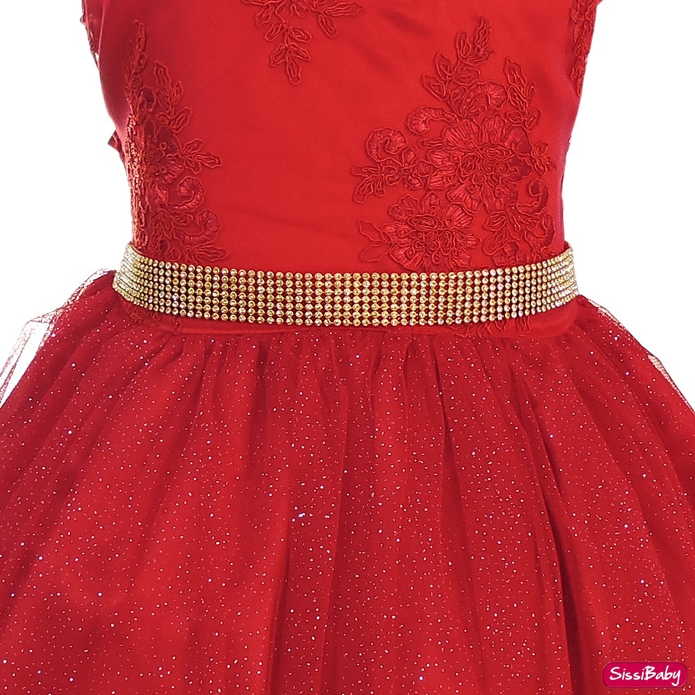vestido de daminha vermelho com dourado