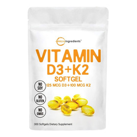 Vitamina D3 5000iu Plus K2, Fórmula 2 En 1, 300 Geles Suaves