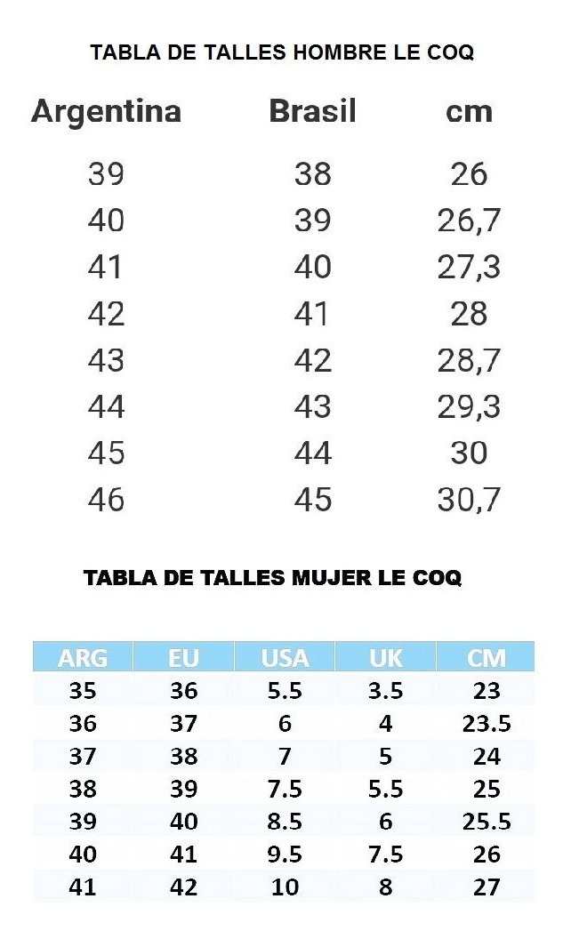 tabla de tallas le coq sportif argentina